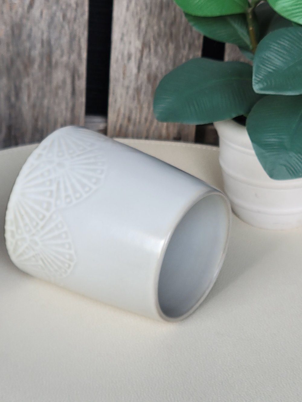 Hearth & Hand Cream White Ceramic Patterned Mug Etched Fan Motif - Picture 6 of 8